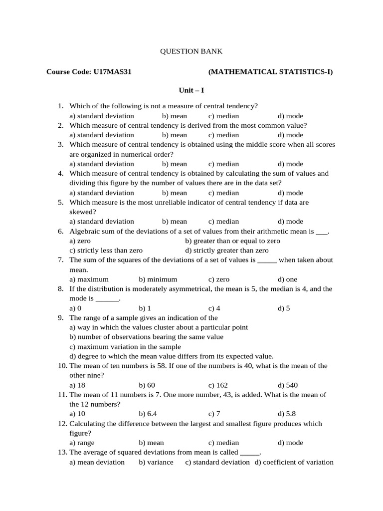 Mathematical Statistics Question Bank | PDF | Mean | Skewness