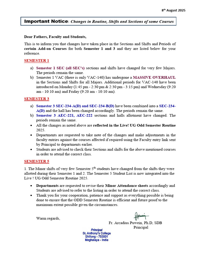 Important Notice - Some Changes in The Routine, Shifts and Sections of ...