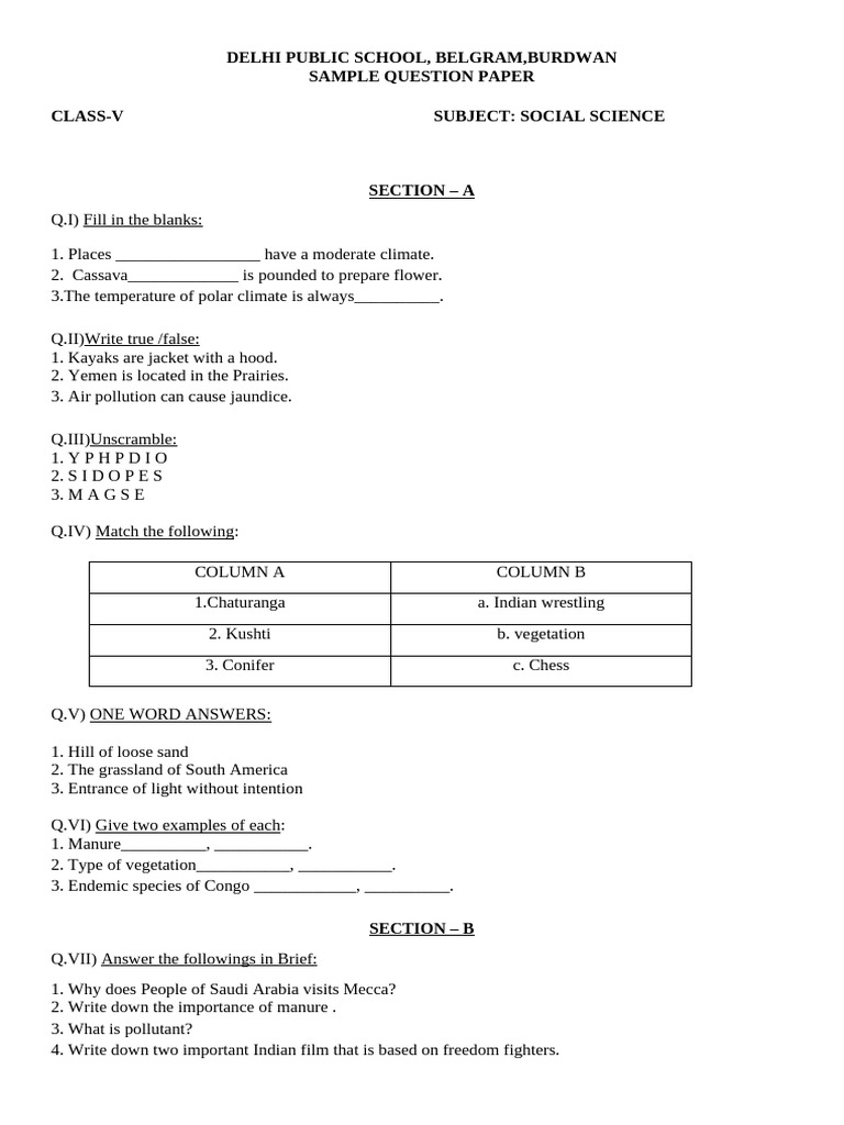 Class 5 Social Science Sample Paper | PDF