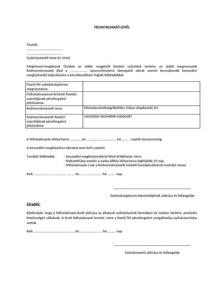 3 Banki Felhatalmazo Level Minta 2023 | PDF