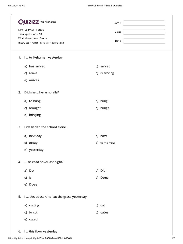 Simple Past Tense _ Quizizz | PDF | Chess | Chess Theory