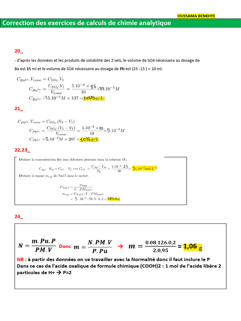 Calculs de chimie analytique et normalité | PDF