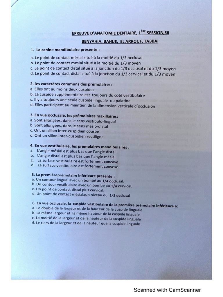 Examen Anatomie Dentaire Fmdr 2022 Sessi | PDF