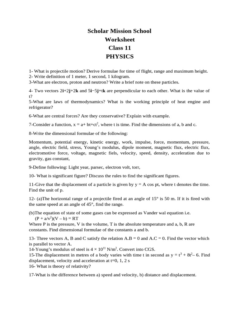 Worksheet Class 11 Physics | PDF | Velocity | Force