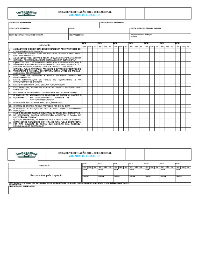 Checklist Pré-Operacional Vibrador de Concreto | PDF