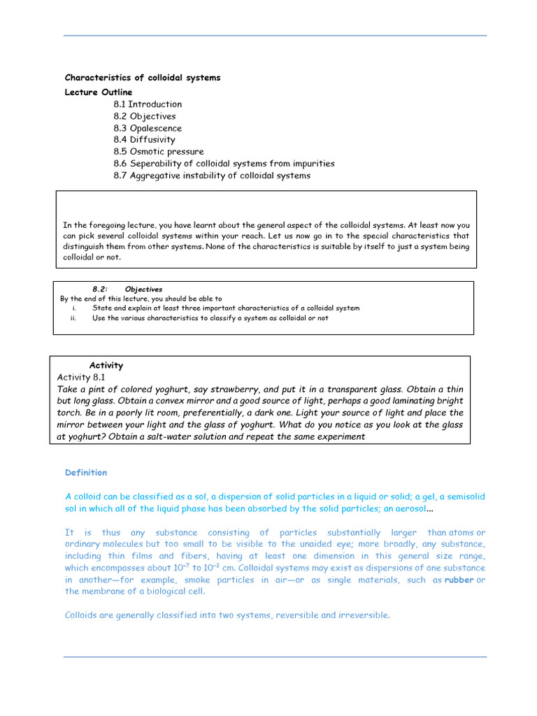 Week 8 - Characteristics of Colloidal Systems | PDF | Osmosis | Colloid