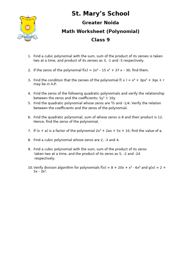 Class 9 Polynomial Worksheet | PDF