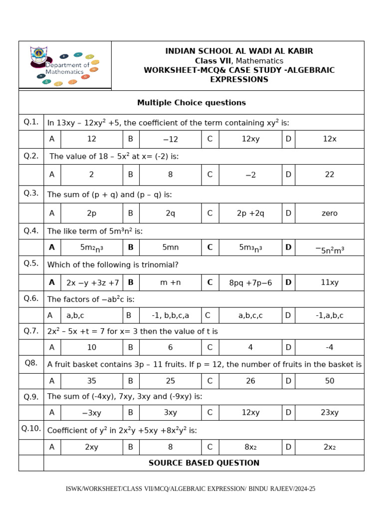 Class 7 Algebraic Expressions MCQ Worksheet | PDF | Chess | Chess Theory