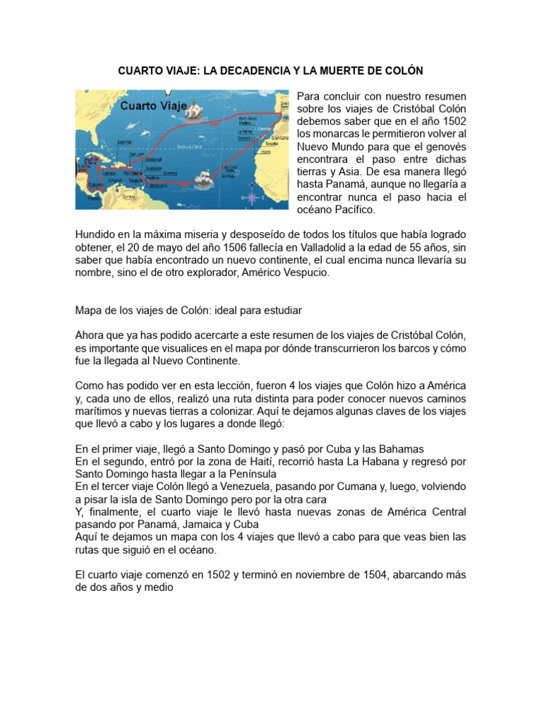 Cuarto viaje de Colón: resumen y rutas | PDF
