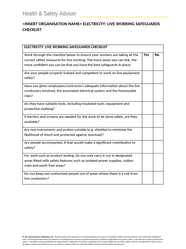 Live Working Safety Checklist | PDF