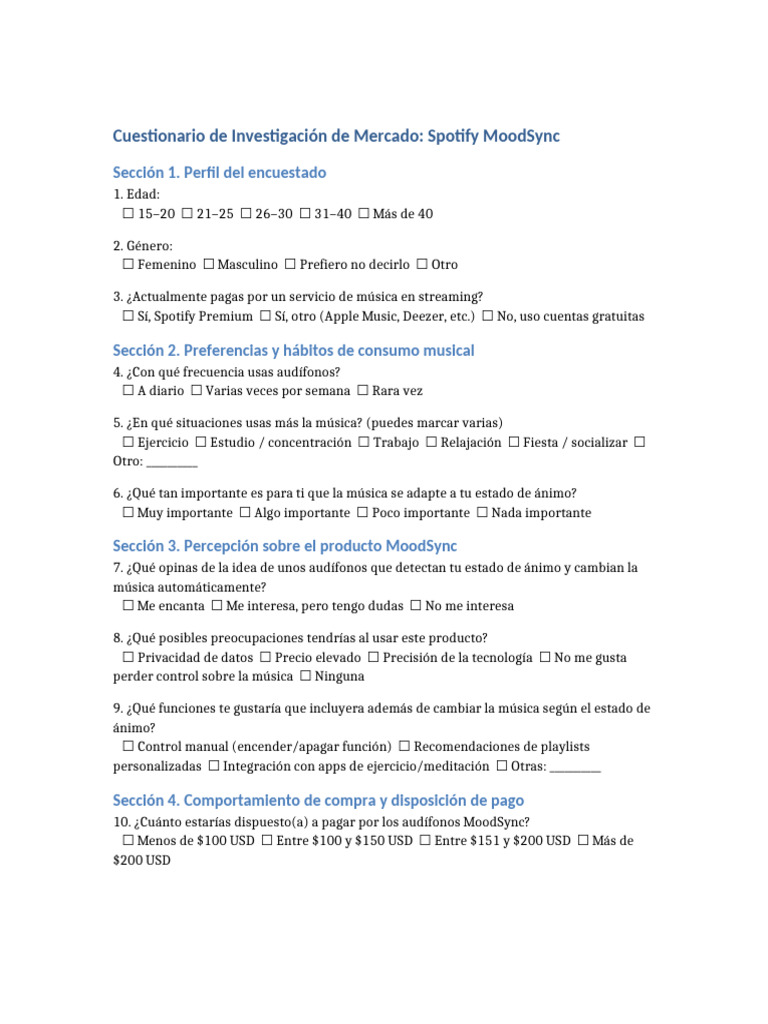 Cuestionario sobre Spotify MoodSync | PDF