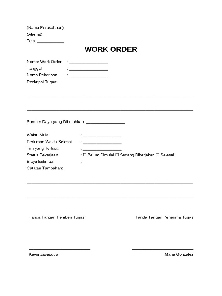 Contoh Formulir Work Order | PDF