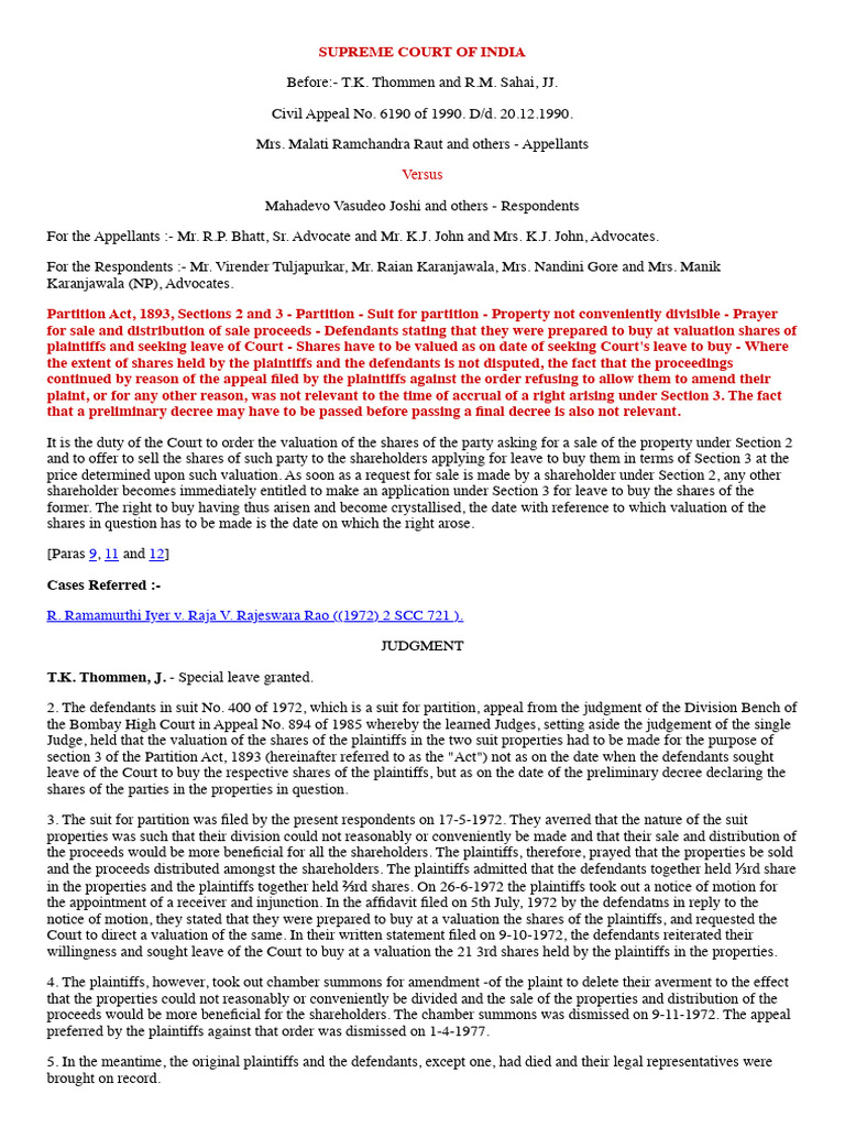Supreme Court Ruling on Partition Act | PDF | Lawsuit | Judgment (Law)