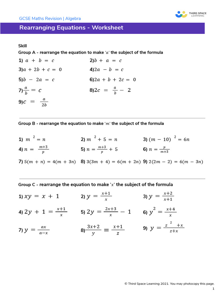 Rearranging Equations GCSE Maths Revision Worksheet | PDF | Mathematics ...