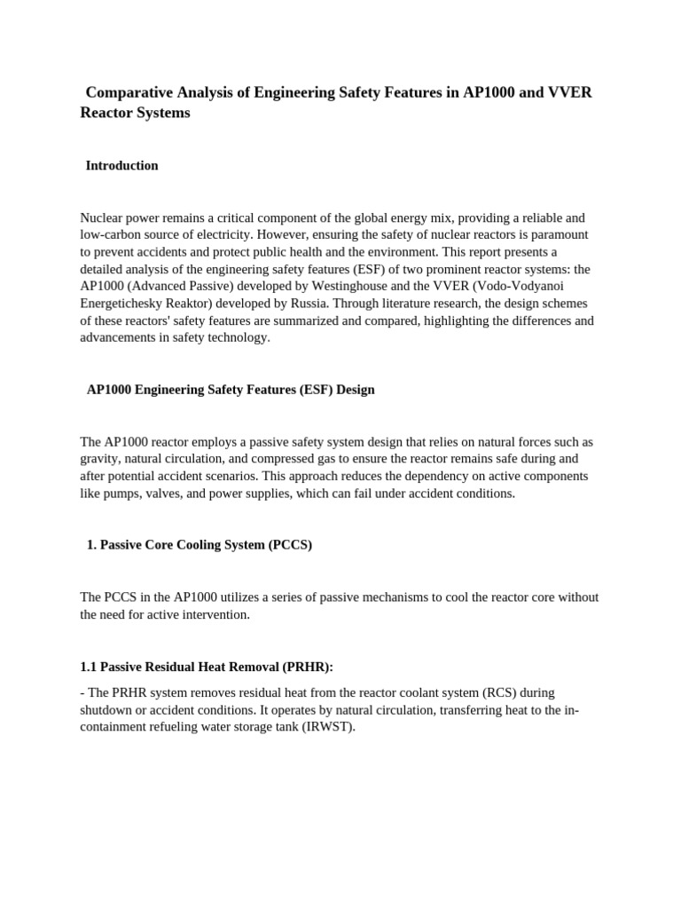 Comparative Analysis of Engineering Safety Features in AP1000 and VVER ...