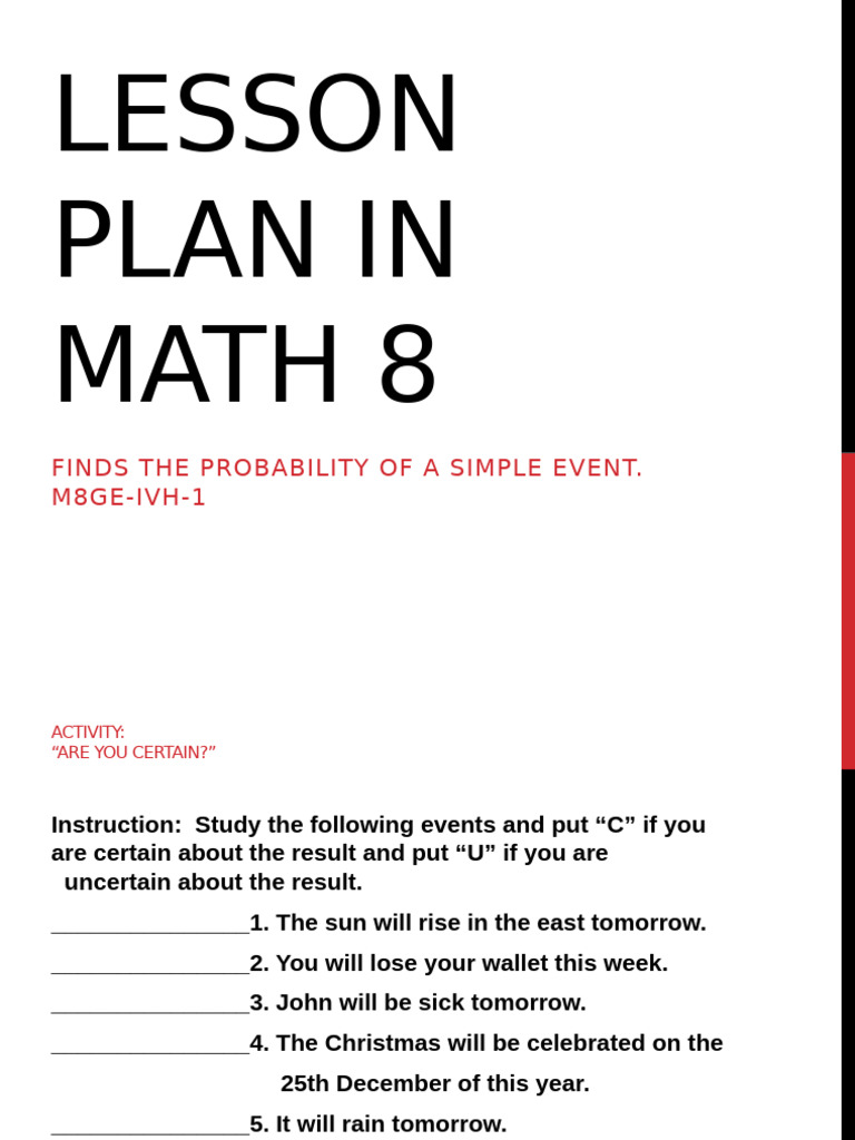 Lesson Plan2 in Math 8 | PDF | Probability