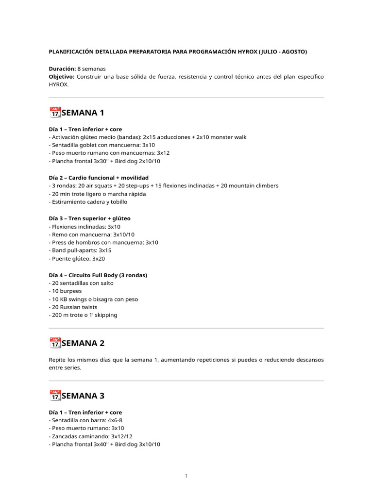 Plan de Entrenamiento Hyrox 8 Semanas | PDF | Entrenamiento con pesas ...