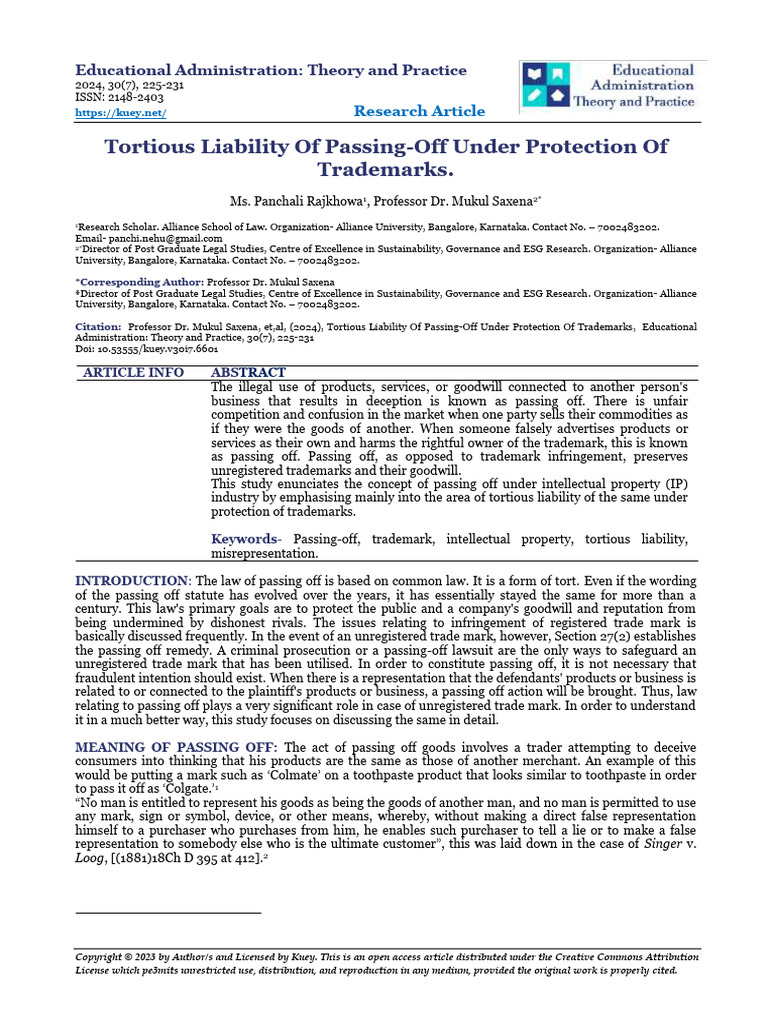 Tortious Liability in Trademark Passing Off | PDF | Trademark | Common Law