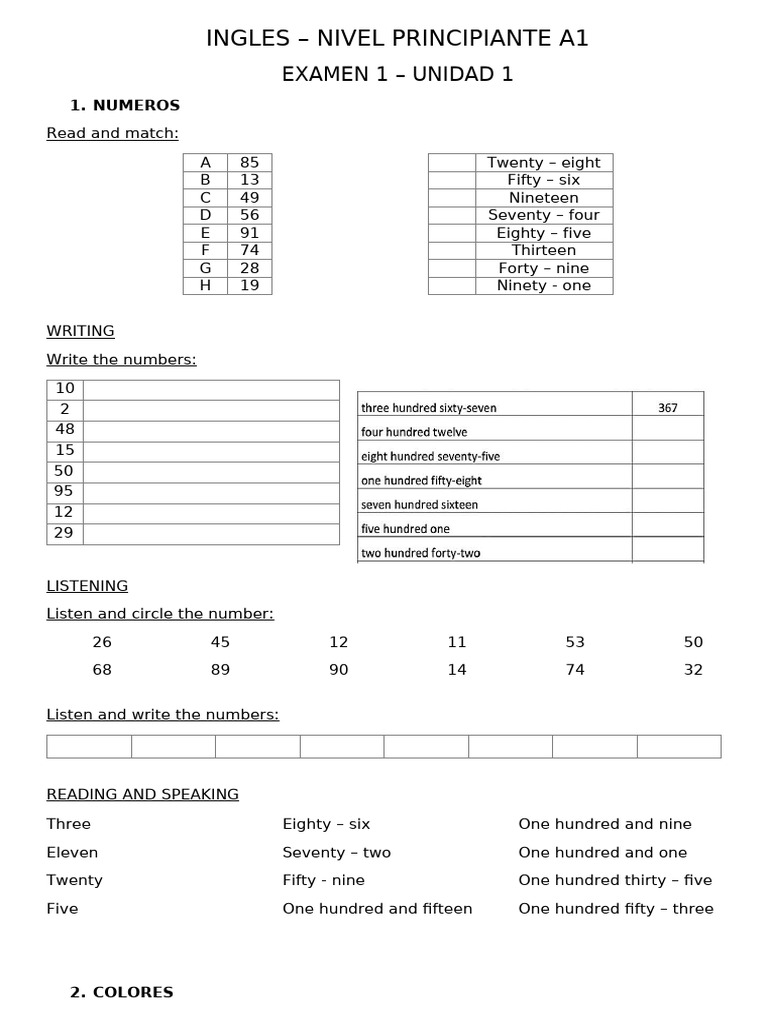 A1 Beginner English Exam: Numbers, Colors, Animals | PDF | Food Retailers