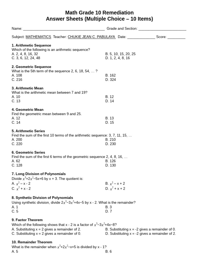Grade 10 Math Remediation Quiz | PDF | Mathematics | Number Theory