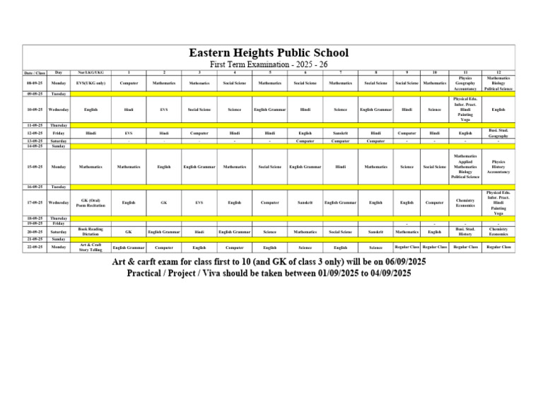 Time Table First Term Exam 2025 | PDF