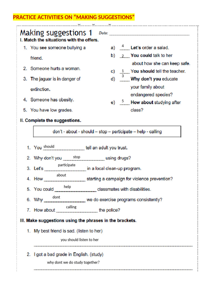 Making Suggestions Practice Activities | PDF