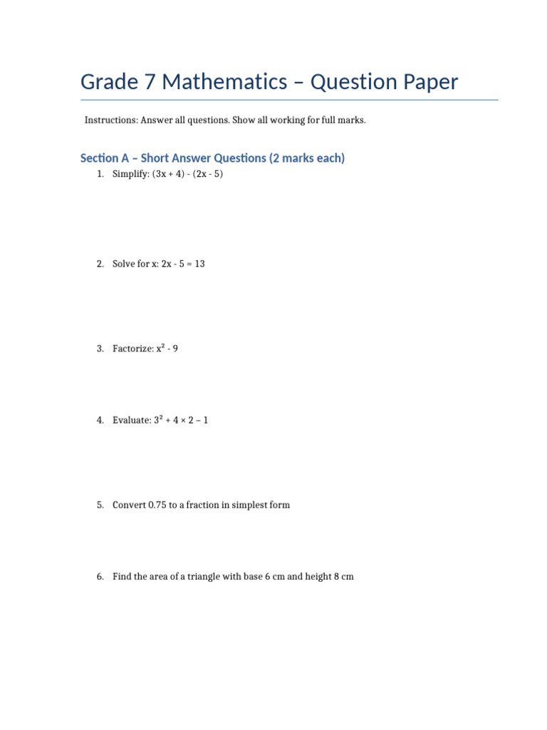 Grade 7 Math Exam Questions and Solutions | PDF