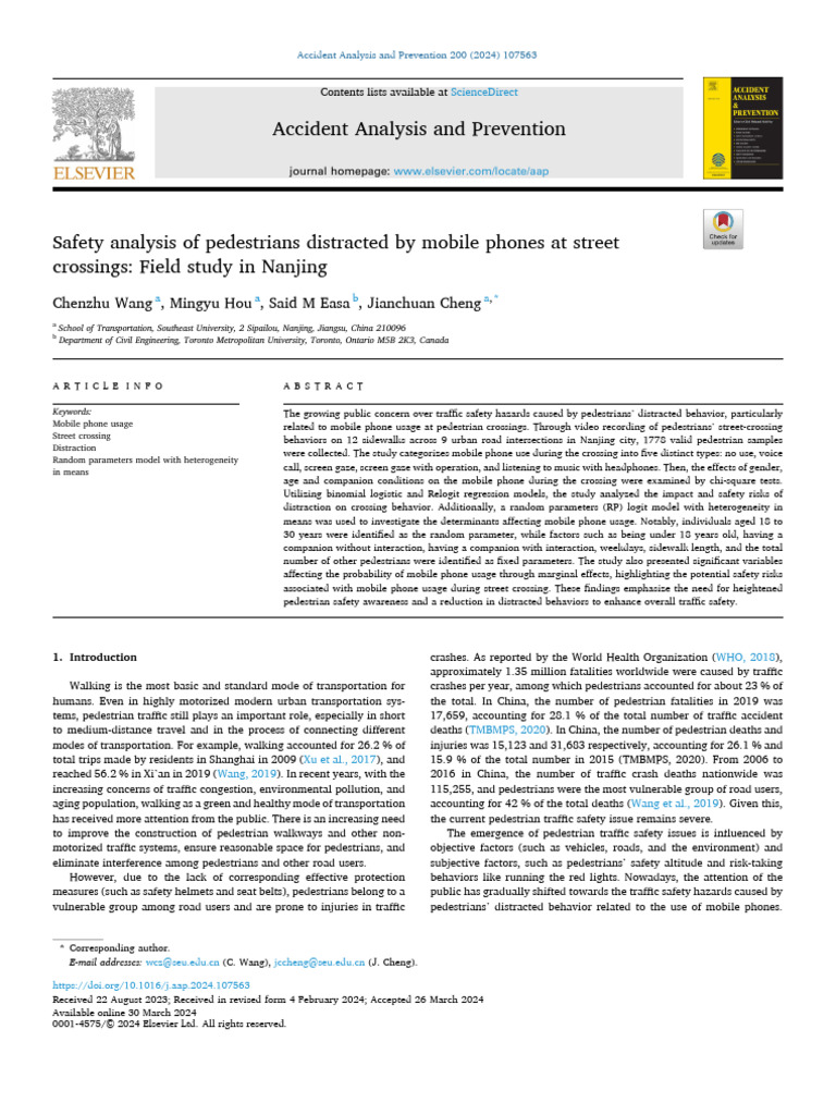 Safety Analysis of Pedestrians Distracted by Mobile Phones at Street ...