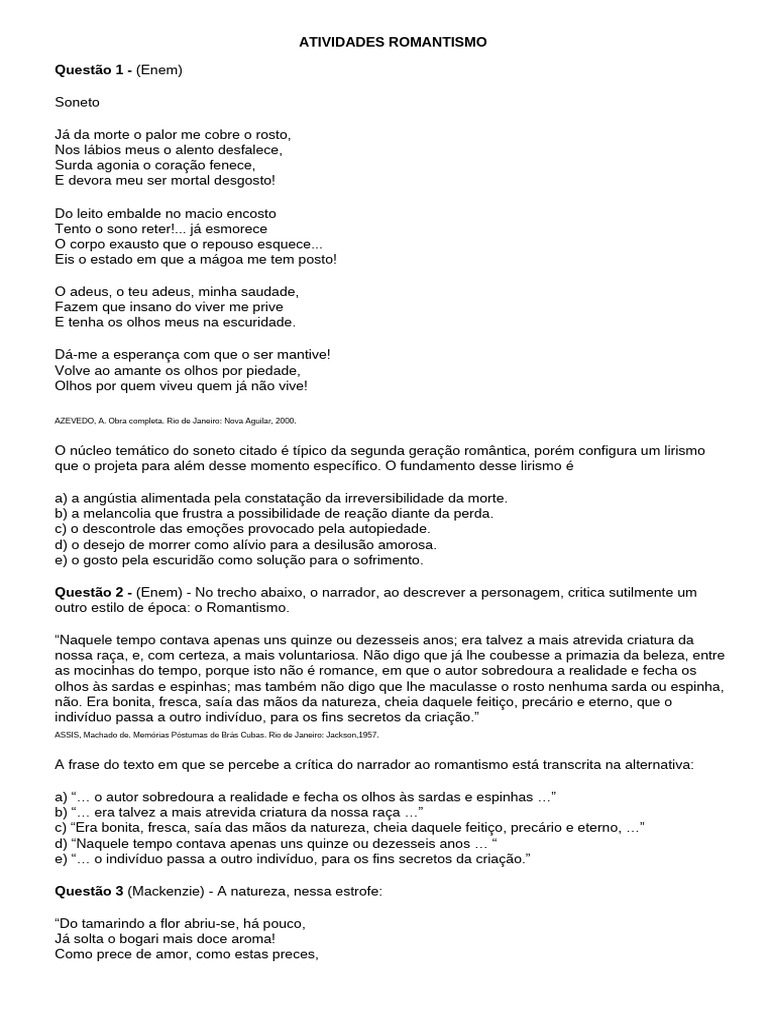 Atividades sobre Romantismo para Ensino Médio | PDF | Romantismo