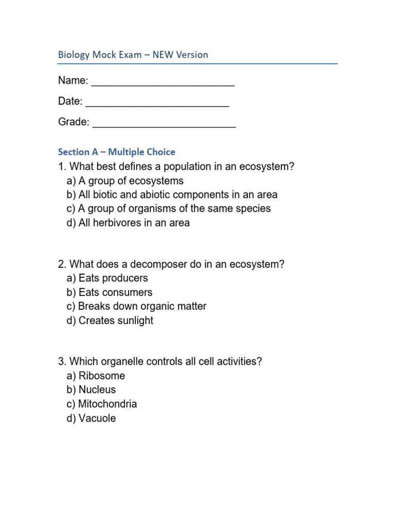 Biology Mock Exam Questions and Answers | PDF | Cell (Biology) | Biology