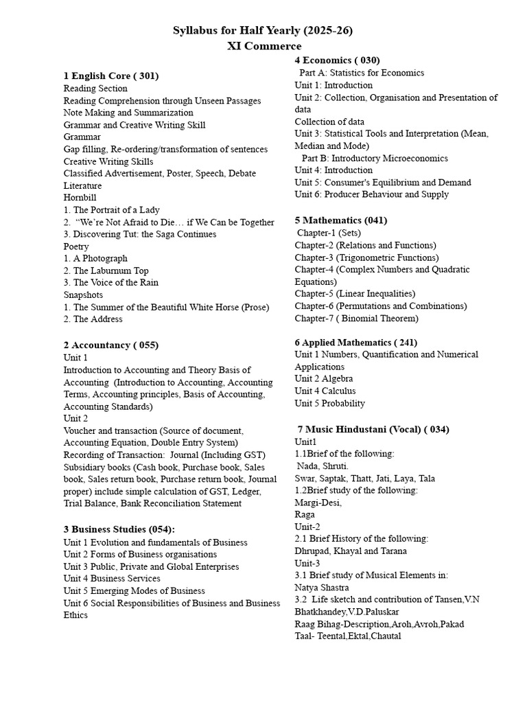 Class 11 Commerce Mid Term Syllabus | PDF | Mathematics | Economics