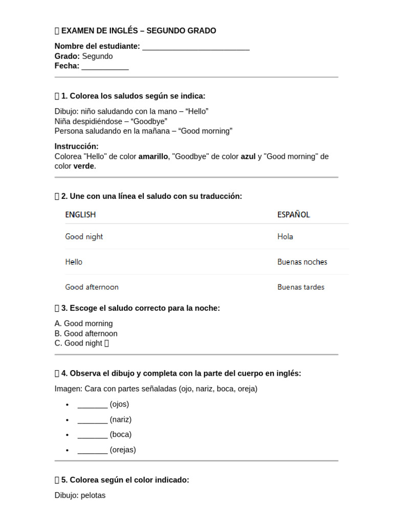 Examen de Inglés para Segundo Grado | PDF