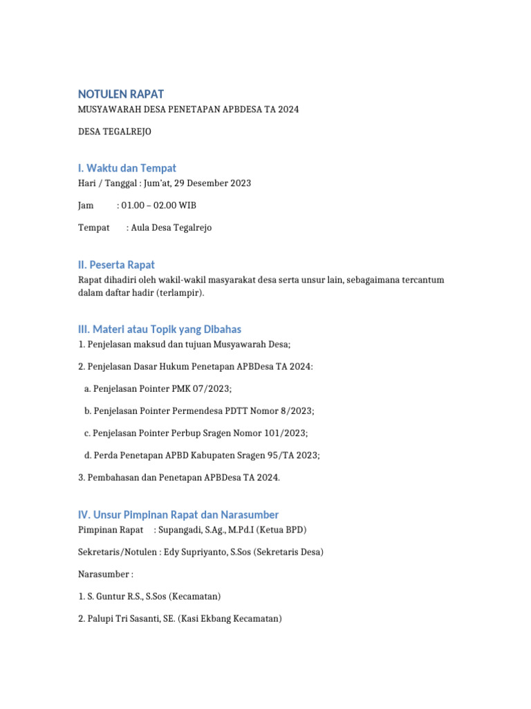 Notulen Musdes Penetapan APBDesa Tegalrejo 2024 | PDF