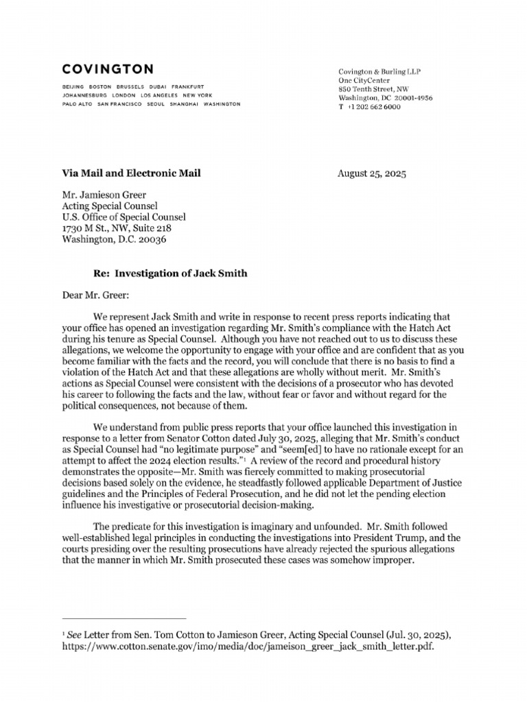 Jack Smith Lawyers Letter 01 | PDF | Prosecutor | Supreme Court Of The ...