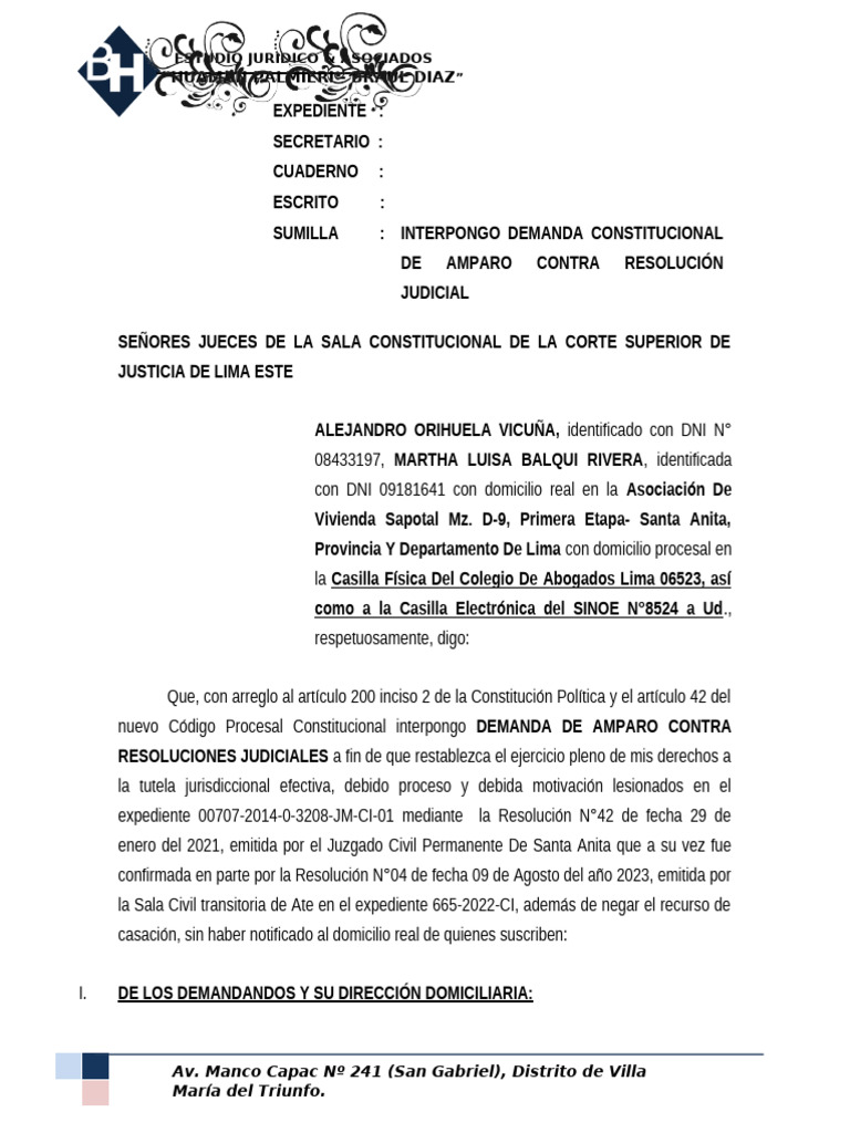 Demanda de Amparo contra Resoluciones Judiciales | PDF | Caso de ley ...