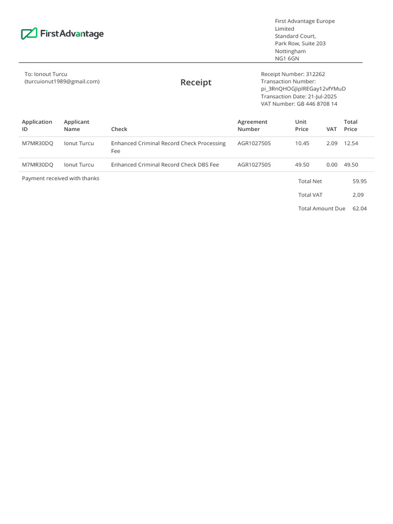 Receipt for Criminal Record Check | PDF