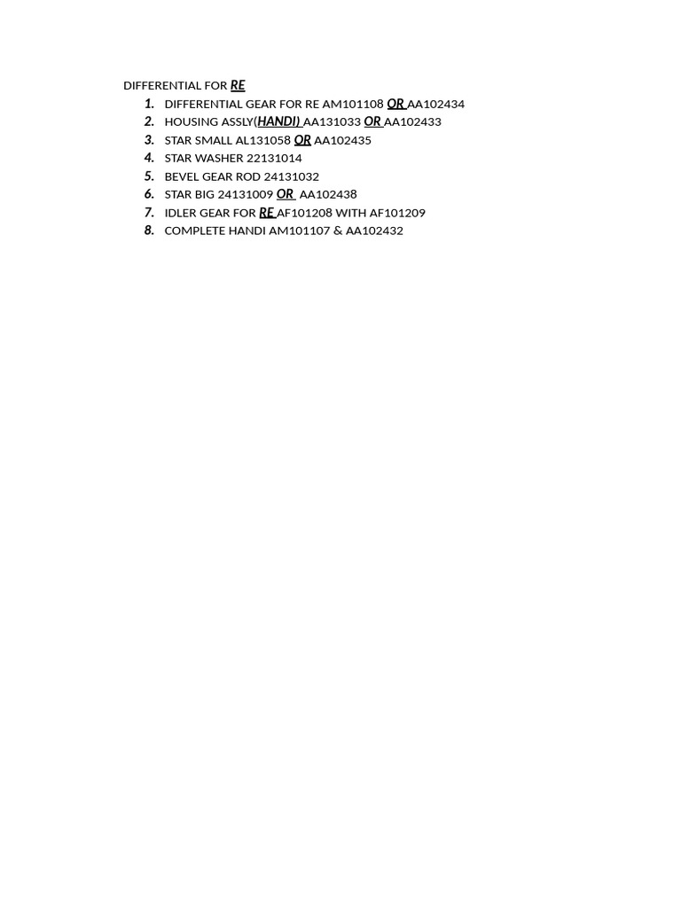 Differential Gear Components List | PDF