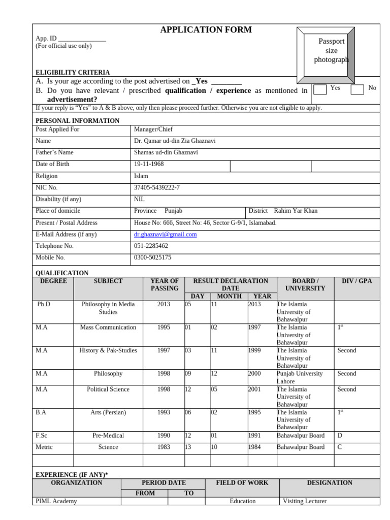 Application Form for Manager Position | PDF