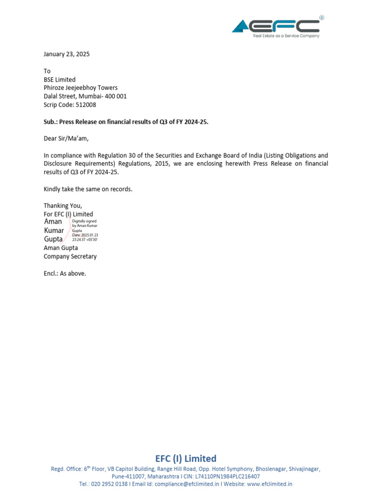EFC (I) Limited: Sub.: Press Release On Financial Results of Q3 of FY ...