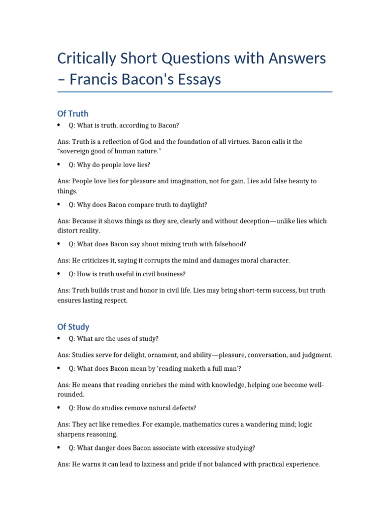 Bacon Critical Short Questions | PDF | Truth | Experience