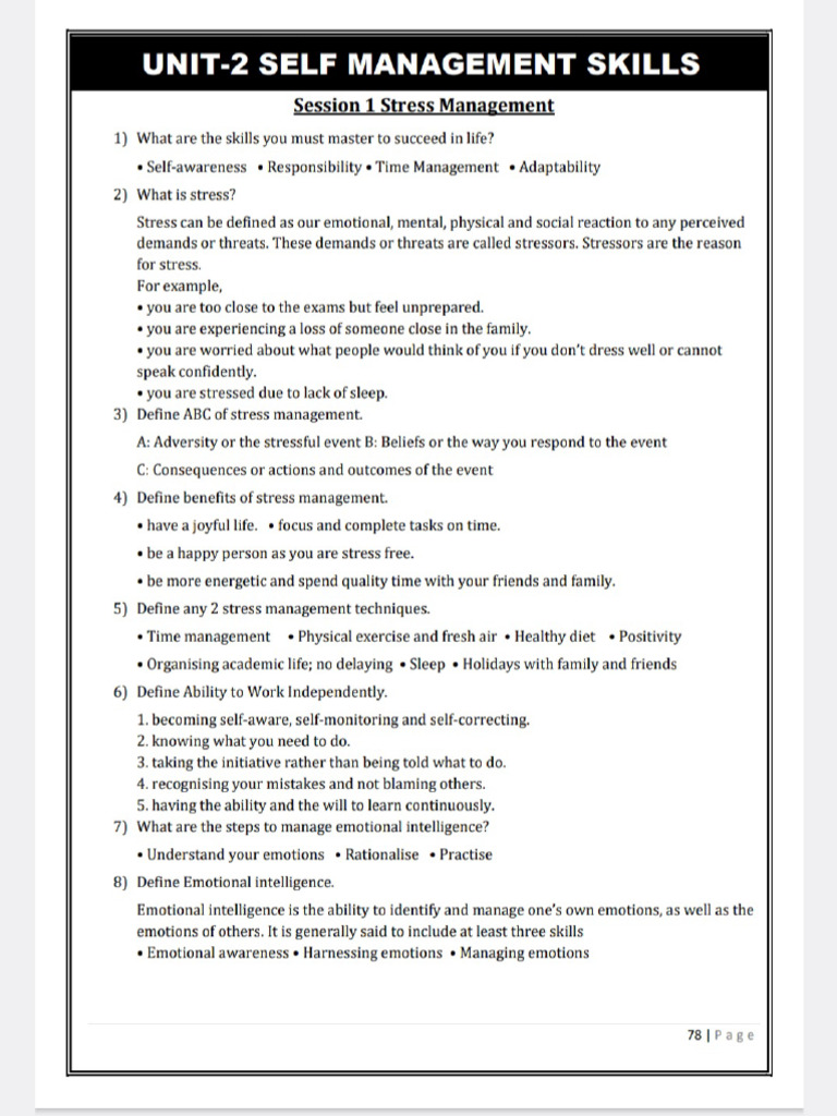 Unit 2 Self Management Skills Part A | PDF