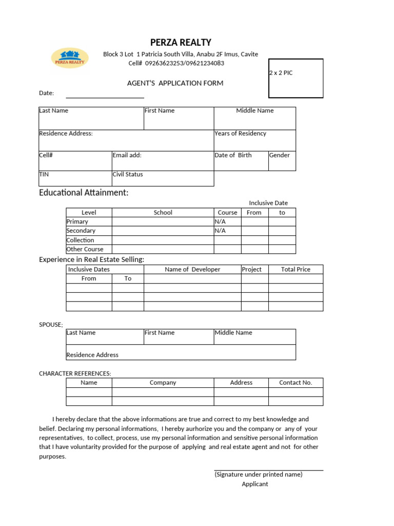 Perza Realty Agent Application Form | PDF
