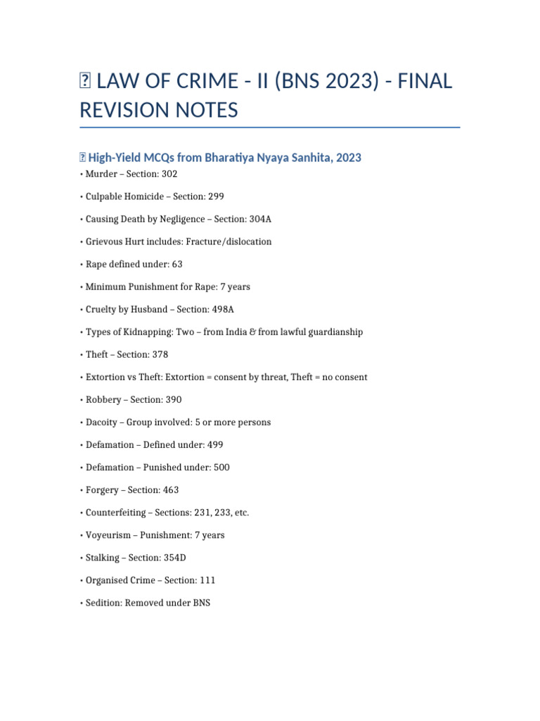 BNS 2023 Law of Crimes Revision Notes | PDF