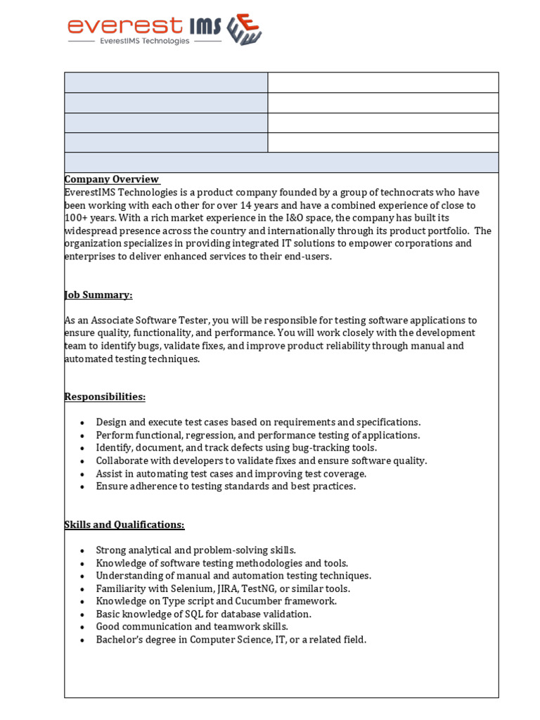 Associate Software Tester Position in Bangalore | PDF