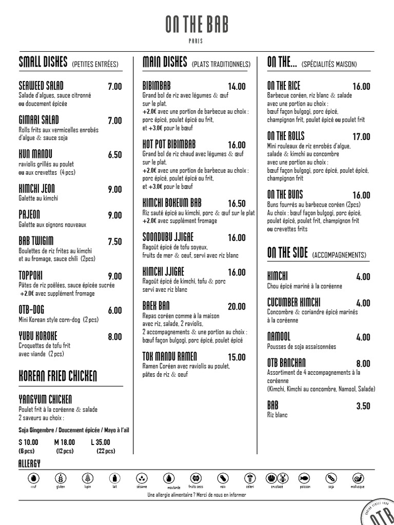 Menu de On The Bab Paris | PDF | Cuisine coréenne | Lime (fruit)
