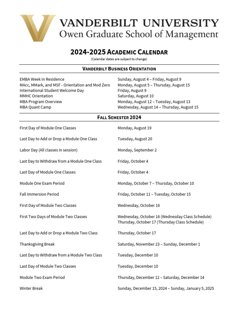 Vanderbilt Academic Calendar 2024-25 | PDF | Academic Term