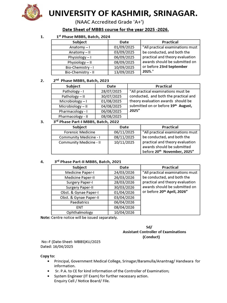 MBBS Date Sheet 2025-2026 | PDF | Medical School | Medicine