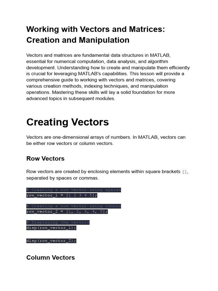 Working With Vectors and Matrices - Creation and Manipulation | PDF ...