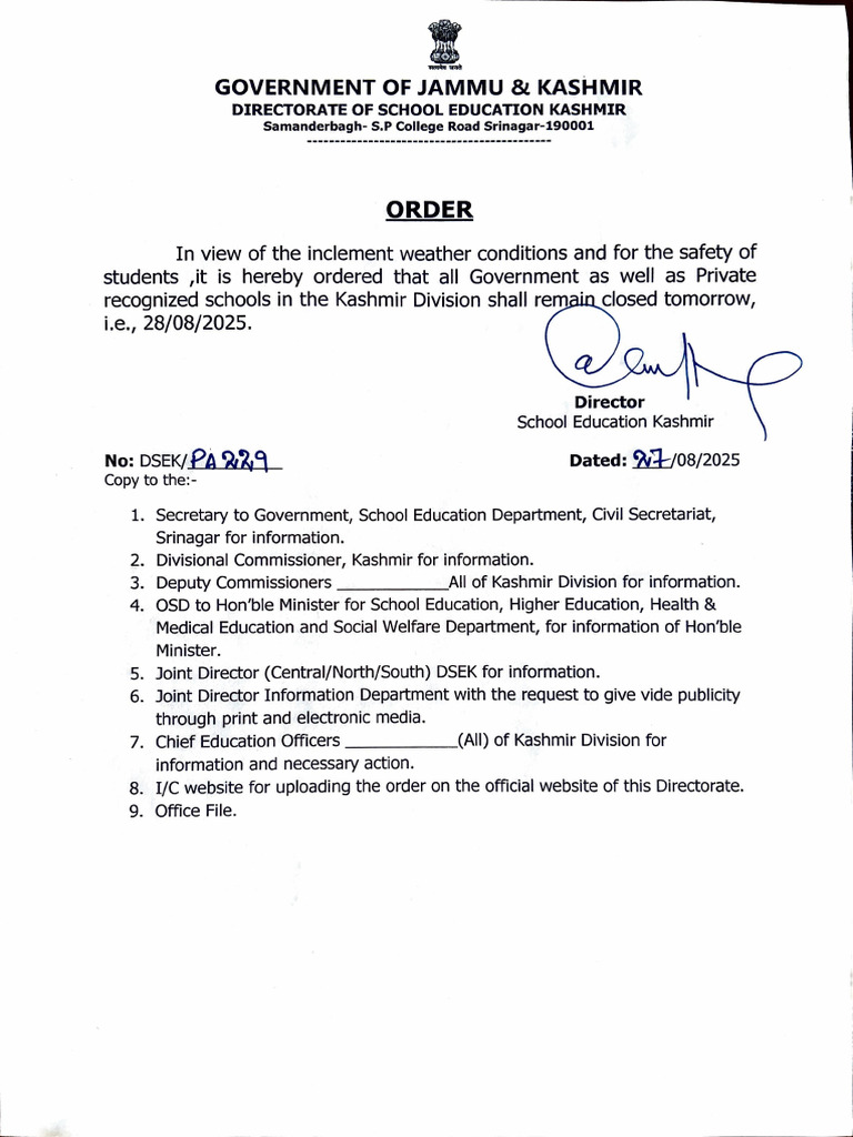 School Closure Order for Kashmir Division | PDF