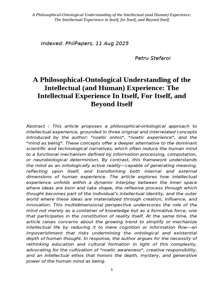 Ontological Insights into Intellectual Experience | PDF | Experience | Mind